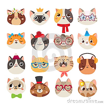 Cute cats heads. Cat muzzle, domestic kitty face wearing hat, scarf and color party glasses isolated cartoon vector set Vector Illustration