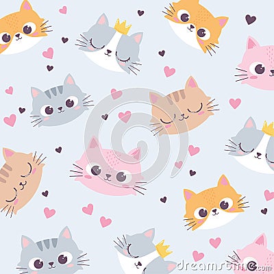 Cute cats heads love heart cartoon animal funny character background Vector Illustration