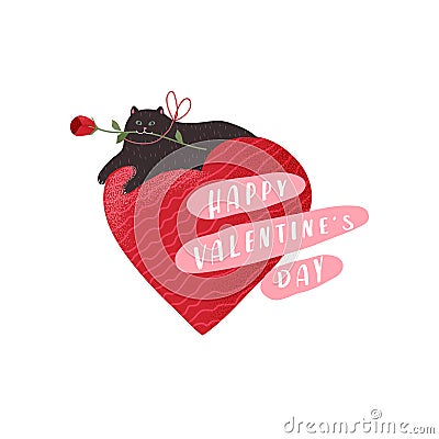 Cute cats in love. Romantic Valentines Day greeting card or poster. Hero Kitten lies on heart with rose in mouth. Flyers Vector Illustration