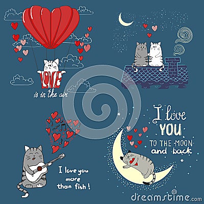 Cute cats in love. Set of romantic backgrounds. Vector Illustration