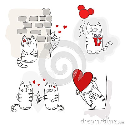 Cute cats in love. Set of Valentines. Vector Illustration