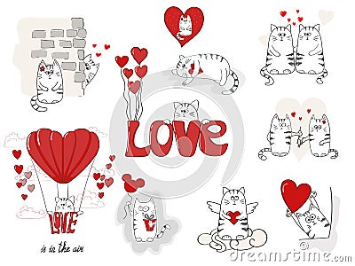 Cute cats in love. Valentines day big set Vector Illustration