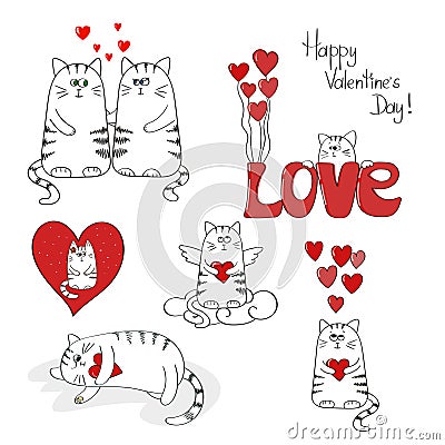 Cute cats in love. Valentines day set Vector Illustration