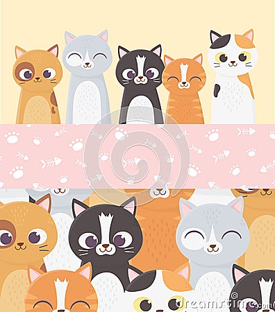 Cute cats pet fishbone paw decoration banner cartoon Vector Illustration