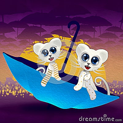 Cute cats in purple sunset and blue umbrella Stock Photo