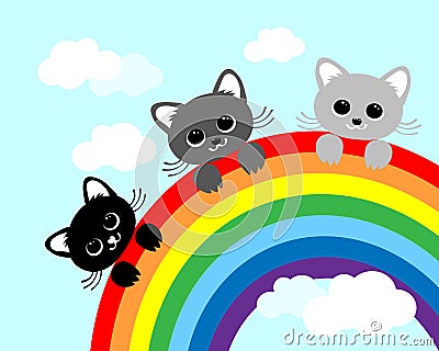 Cute cats on the rainbow against the sky with clouds. Print for children, postcard Vector Illustration