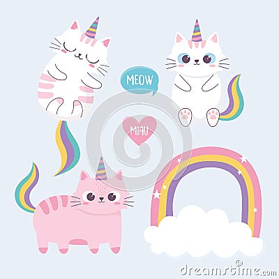 Cute cats rainbow horn cloud cartoon animal funny character Vector Illustration