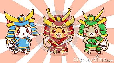 Cute cats samurai trio cartoon illustration Vector Illustration