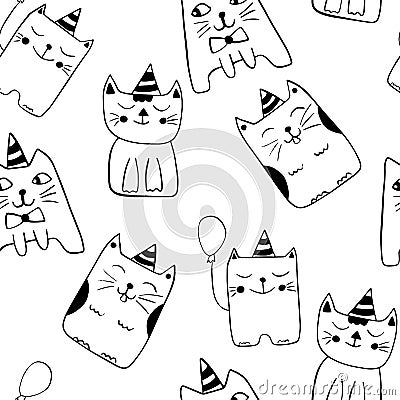 Cute cats seamless pattern. Black and white outline background of cartoon characters. Vector illustration Vector Illustration