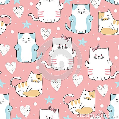 Cute cats seamless pattern with pastel colors. Vector for kids and baby fashion textile print Vector Illustration