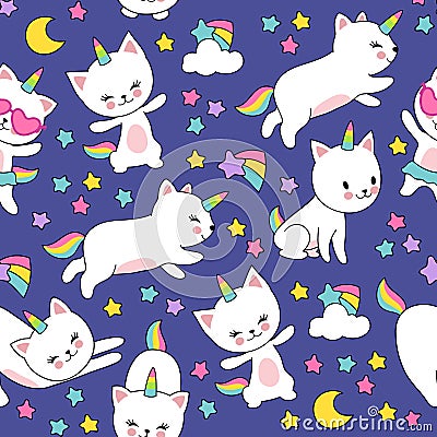 Cute cats unicorn vector seamless pattern for kids textile print Vector Illustration