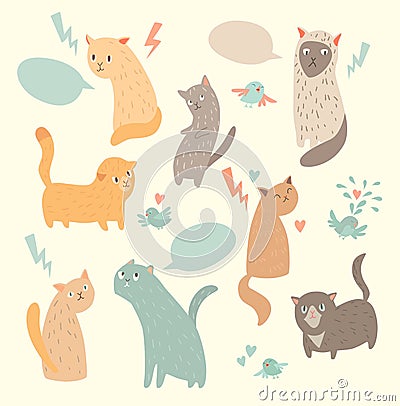 Cute cats, vintage color Vector Illustration