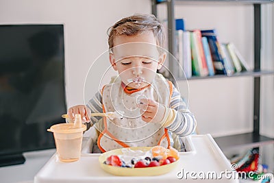 Cute Caucasian baby boy eating ripe berries and fruits with yogurt. Funny smiling child kid sitting in chair eating fresh berries Stock Photo