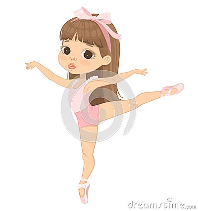Cute Caucasian Ballerina Girl Dancing. Little Brown Haired Girl Wearing Pink Training Dancewear Vector Illustration