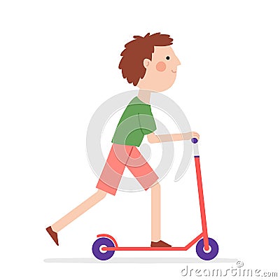 Cute caucasian boy ride kick scooter vector illustration Vector Illustration