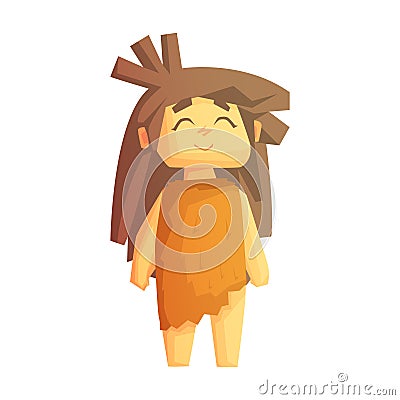 Cute cave girl smiling with closed eyes, stone age character, colorful vector illustration Vector Illustration