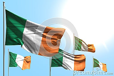 Cute celebration flag 3d illustration - 5 flags of Ireland are waving on blue sky background Cartoon Illustration