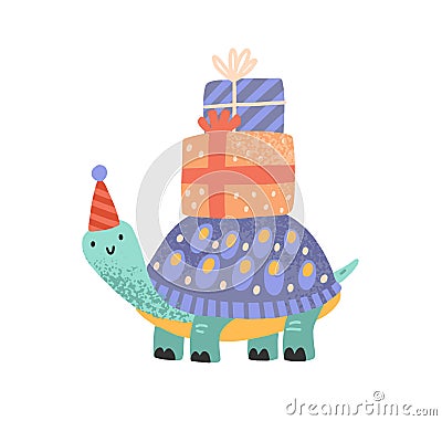 Cute celebratory turtle carrying gift box on tortoiseshell vector flat illustration. Tortoise in festive cone hat with Vector Illustration