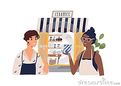 Cute ceramics shop owners talking to each other. Happy seller and customer. Woman sell handcrafted ceramic and pottery Vector Illustration