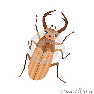 Cute chafer, May bug. Funny maybug character, childish insect. Happy smiling cockchafer, top view. Lovely spring beetle Vector Illustration