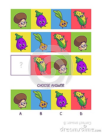 Cute champignon, eggplant, onion, corn. Logic game for children preschool worksheet activity for kids, task for the development of Cartoon Illustration