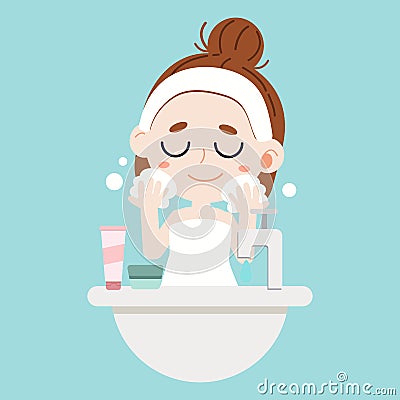 A cute character cartoon girl washing face on blue background Vector Illustration