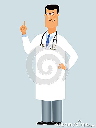 Cute character doctor. Cheerful cartoon medic in a dressing gown Vector Illustration