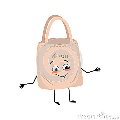 Cute character fabric bag with happy emotions, joyful face, smile eyes, arms and legs. Vector Illustration