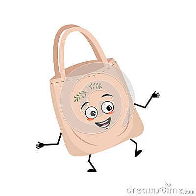 Cute character fabric bag with happy emotions, joyful face, smile eyes, arms and legs. Vector Illustration