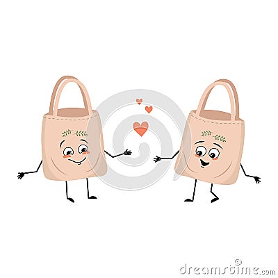 Cute character fabric bag with love emotions, smile face, arms and legs. Vector Illustration