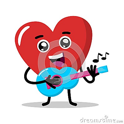 Cute character love heart singing and playing guitar vector. flat design Vector Illustration