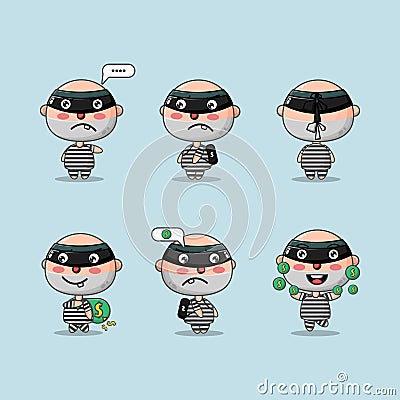 Cute character thief with different action sets Vector Illustration