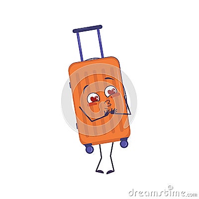 Cute character of vacation suitcase falls in love with eyes hearts, kiss face, arms and legs. The funny or smile Vector Illustration