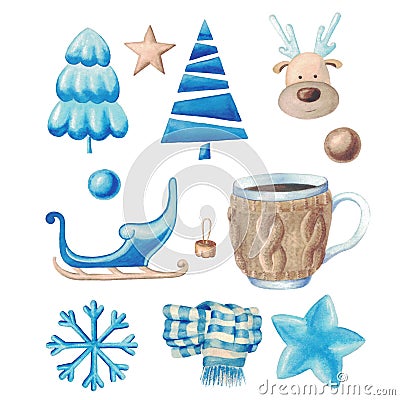 Cute characters deer, sledge, scarf, Ñhristmas toy, cup, star, snowflake and decor. Stock Photo