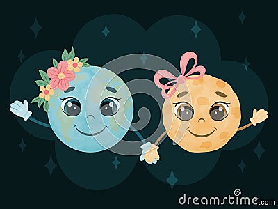 Cute characters. Fairy tale earth and moon are hold hands and smile into space. Vector Illustration