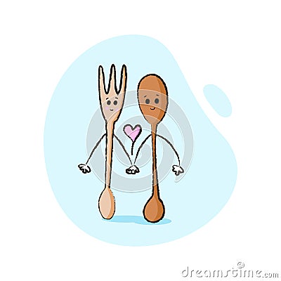 Cute characters of fork and spoon who holding hands for Valentine's day and more. Best for postcard, stickers and more designs Vector Illustration