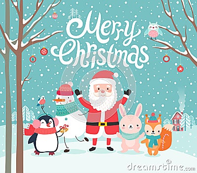 Cute characters hugging - Santa Claus, squirrel, rabbit, penguin and snowman. Merry Christmas card Vector Illustration