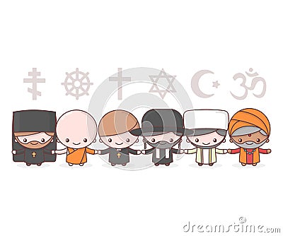 Cute characters. Judaism Rabbi. Buddhism Monk. Hinduism Brahman. Catholicism Priest. Christianity Holy father. Vector Illustration
