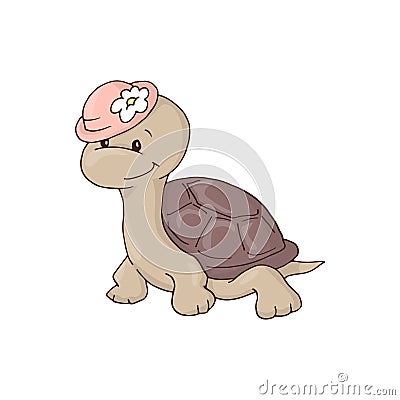 Cute charming girl cartoon turtle in a hat with a flower. Vector Illustration