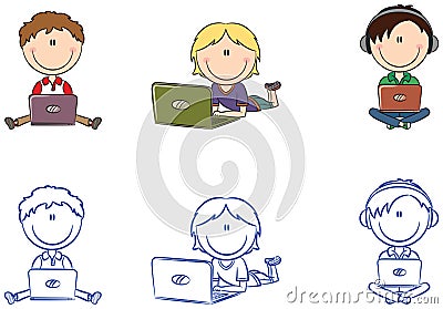 Cute cheerful boys with laptops Vector Illustration