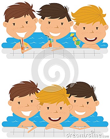 Cute cheerful boys relaxing and drinking cocktails in the pool. Vector Illustration