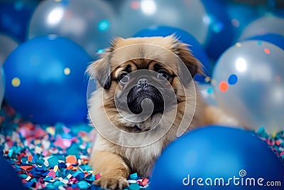 Cute cheerful brown Pekingese puppy with blue balloons on birthday party. Holiday and birthday concept. Generative AI Stock Photo