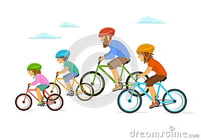 Cute cheerful cartoon family riding bikes bicycles, cycling together isolated vector illustration Vector Illustration