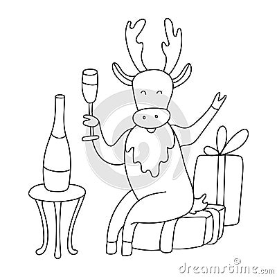 Cute cheerful deer drinking champagne doodle. Vector Illustration