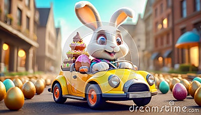 A cute and cheerful Easter bunny is carrying Easter eggs and sweets in a car Stock Photo