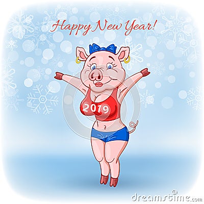 Cute cheerful female pig with 2019 inscription on her breast wishes a happy New Year Vector Illustration