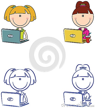 Cute cheerful girls with laptops Vector Illustration