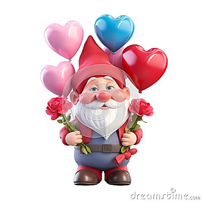 Cute cheerful gnome with balloons clipart on a transparent background. Valentine's Day illustration design Cartoon Illustration