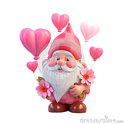 Cute cheerful gnome with balloons clipart on a transparent background. Valentine's Day illustration design in pink colors. Cartoon Illustration