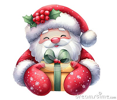 Cute Cheerful Santa Claus with a gift. Watercolor Cartoon Illustration